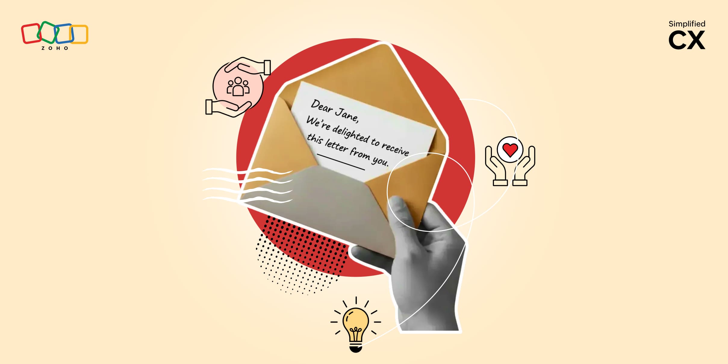 Image of a hand holding an open envelope with a letter inside. There are elements symbolizing community, knowledge, and empathy around it.