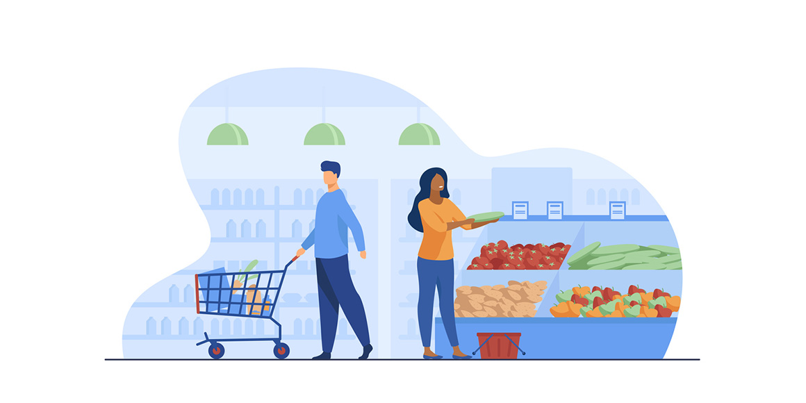 Illustration of a male and a female customer buying groceries at a supermarket