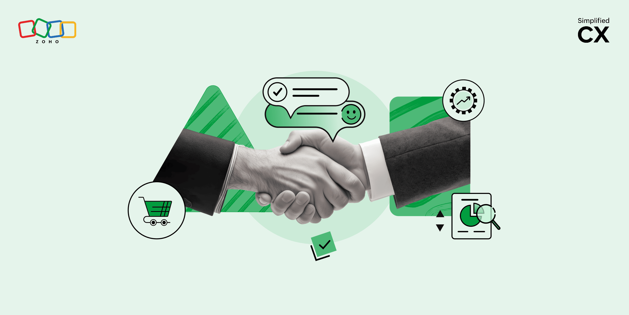 Image of a handshake with icons related to communication and sales around it