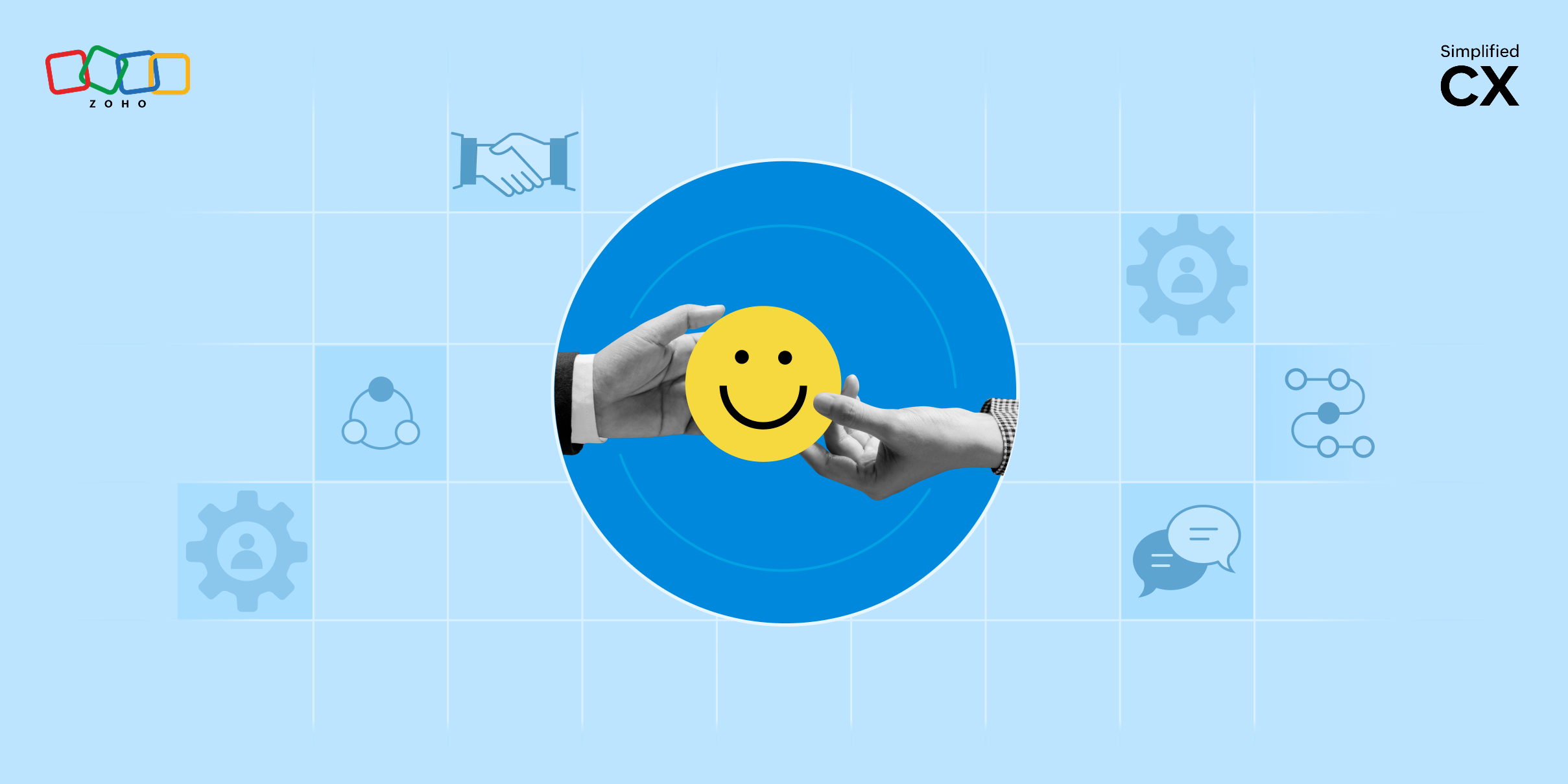 Illustration of a smiley face being passed on from one person to another. The background has elements related to business operations.