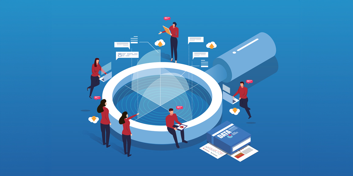 Illustration of a group of business executives analyzing charts and graphs while sitting on a magnifying lens