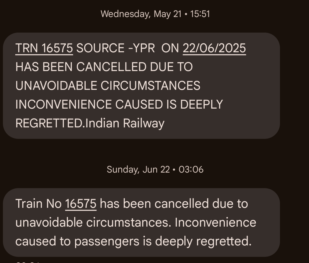 SMS regarding ticket cancellation from IRCTC