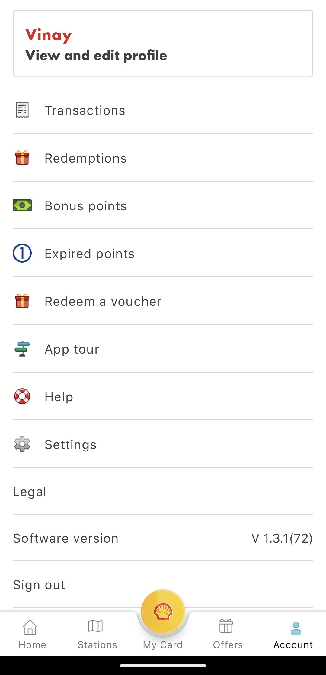 Screenshot of Shell loyalty app's account screen