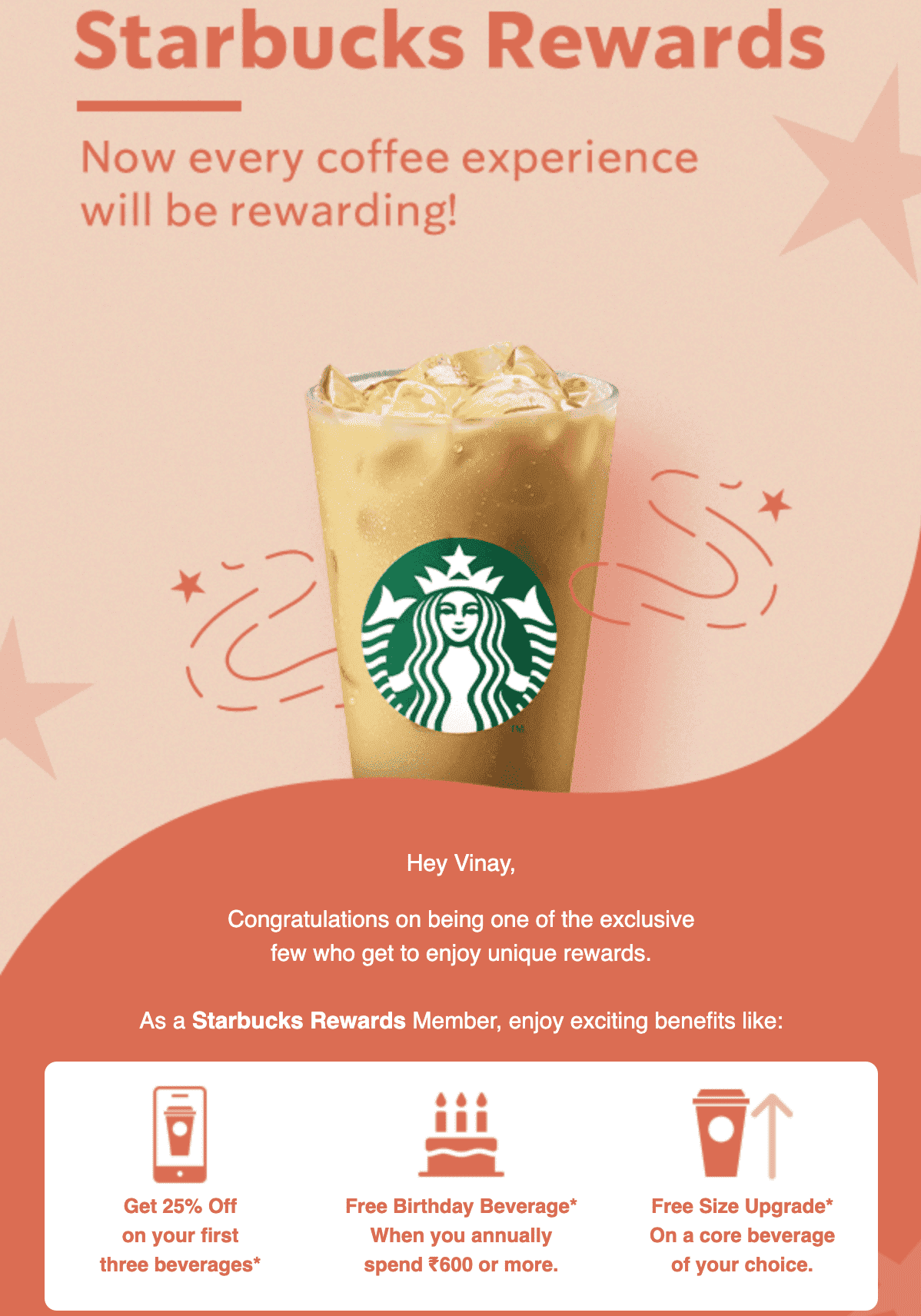 Screenshot of welcome email from Starbucks Rewards program
