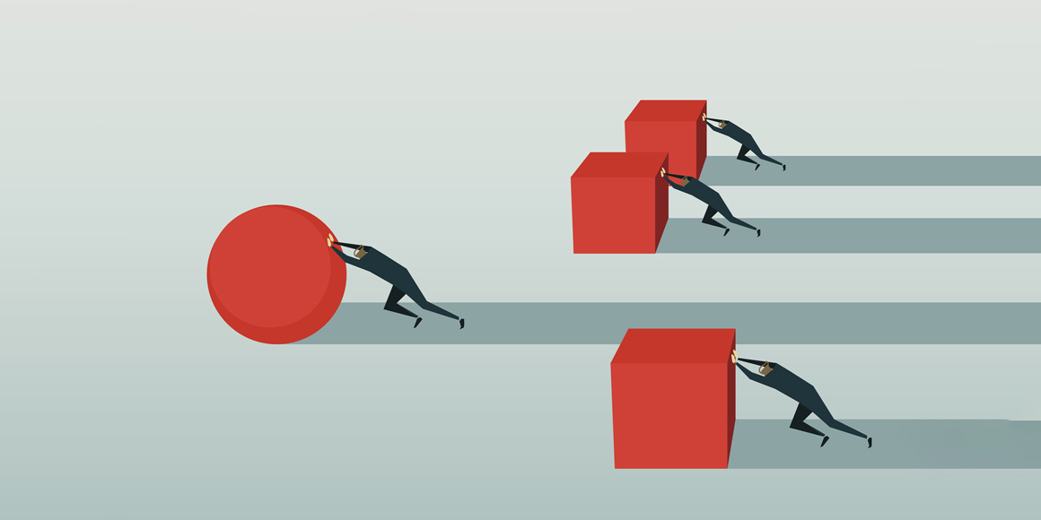 Illustration of four business executives pushing solid objects. Three of them are pushing cubes and struggling to move forward. One of them is rolling a sphere and is ahead of the rest.