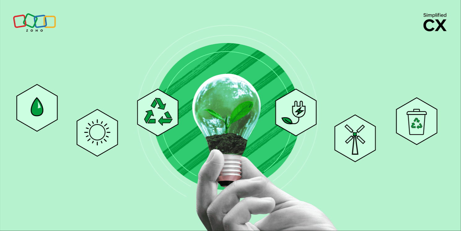 Illustration of a hand holding an incandescent light bulb, with elements representing sustainability and eco-friendliness on both sides
