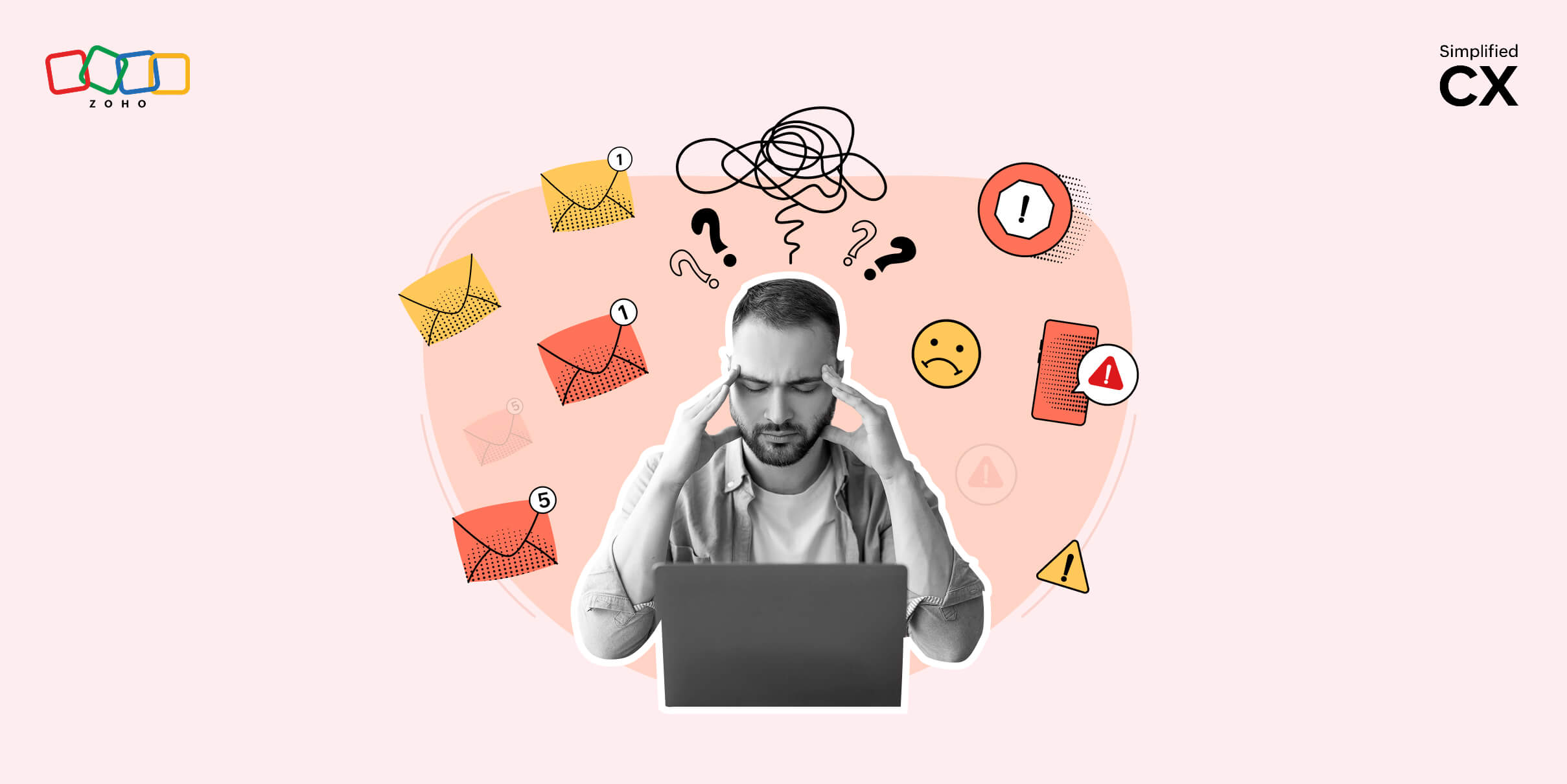 Image of an annoyed customer with his hands on his temples. There are elements related to mail and call spam around him.