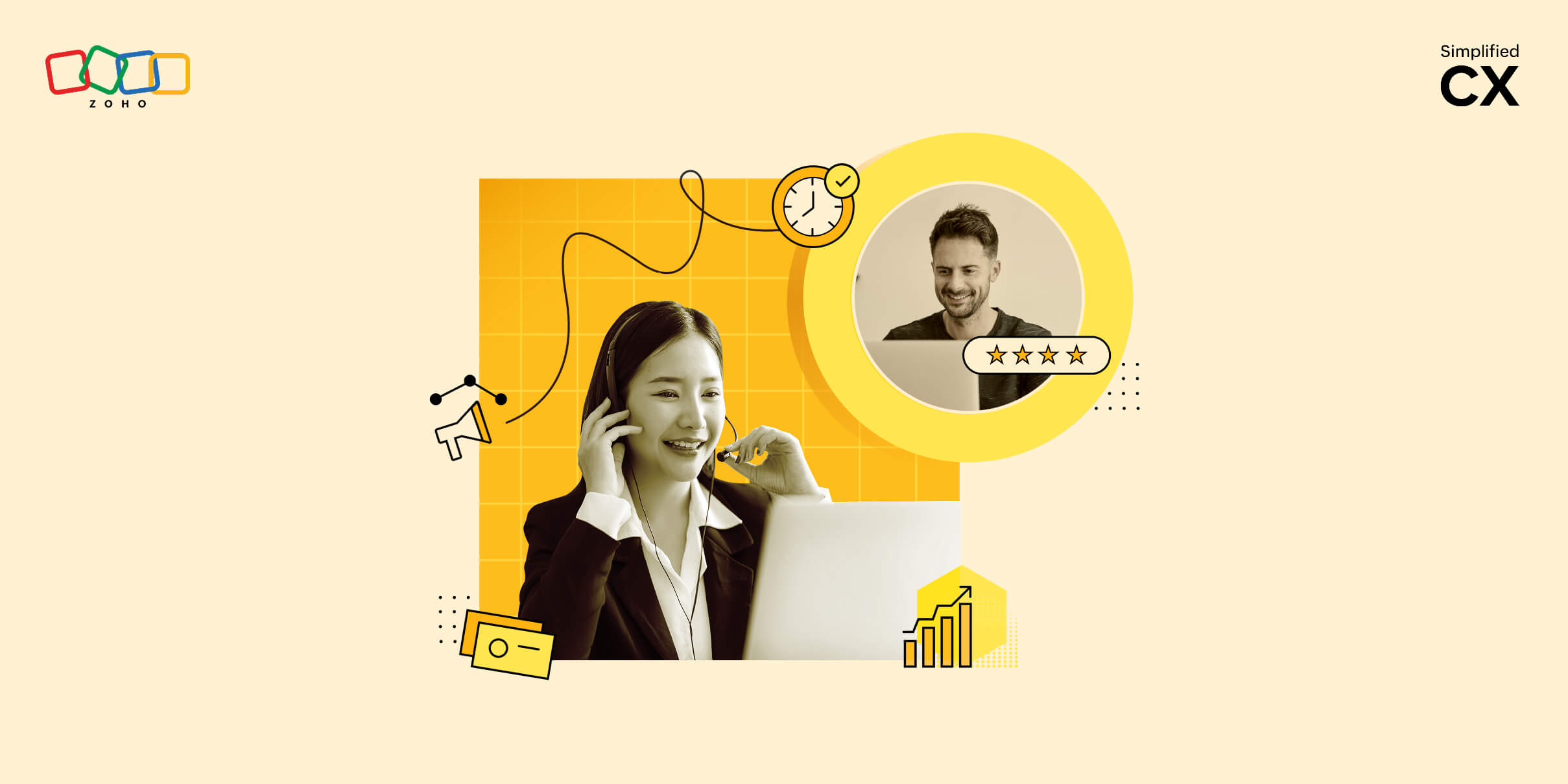 Illustration of a customer support agent talking and a customer smiling