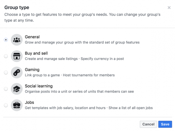 facebook group type