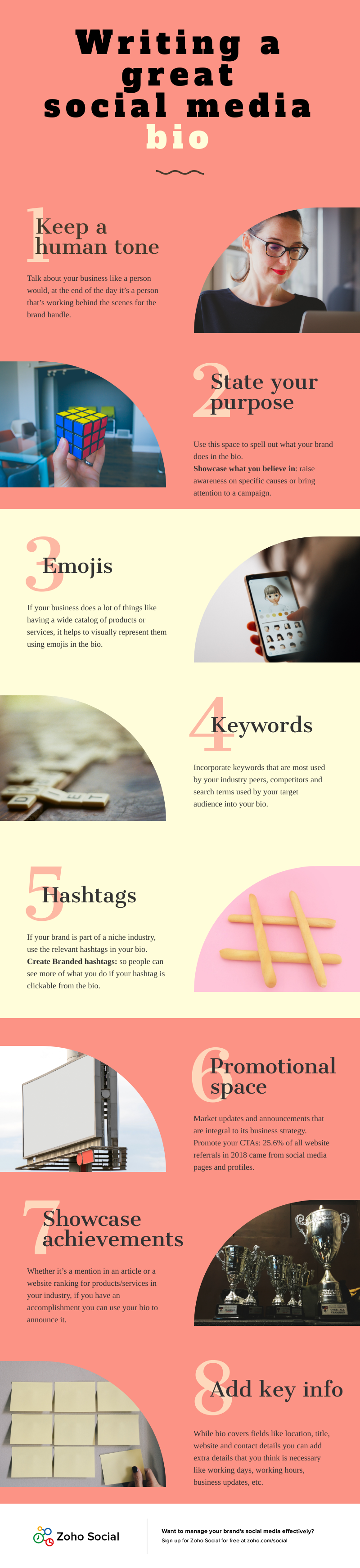 infographic write a good social media bio/about for facebook instagram twitter