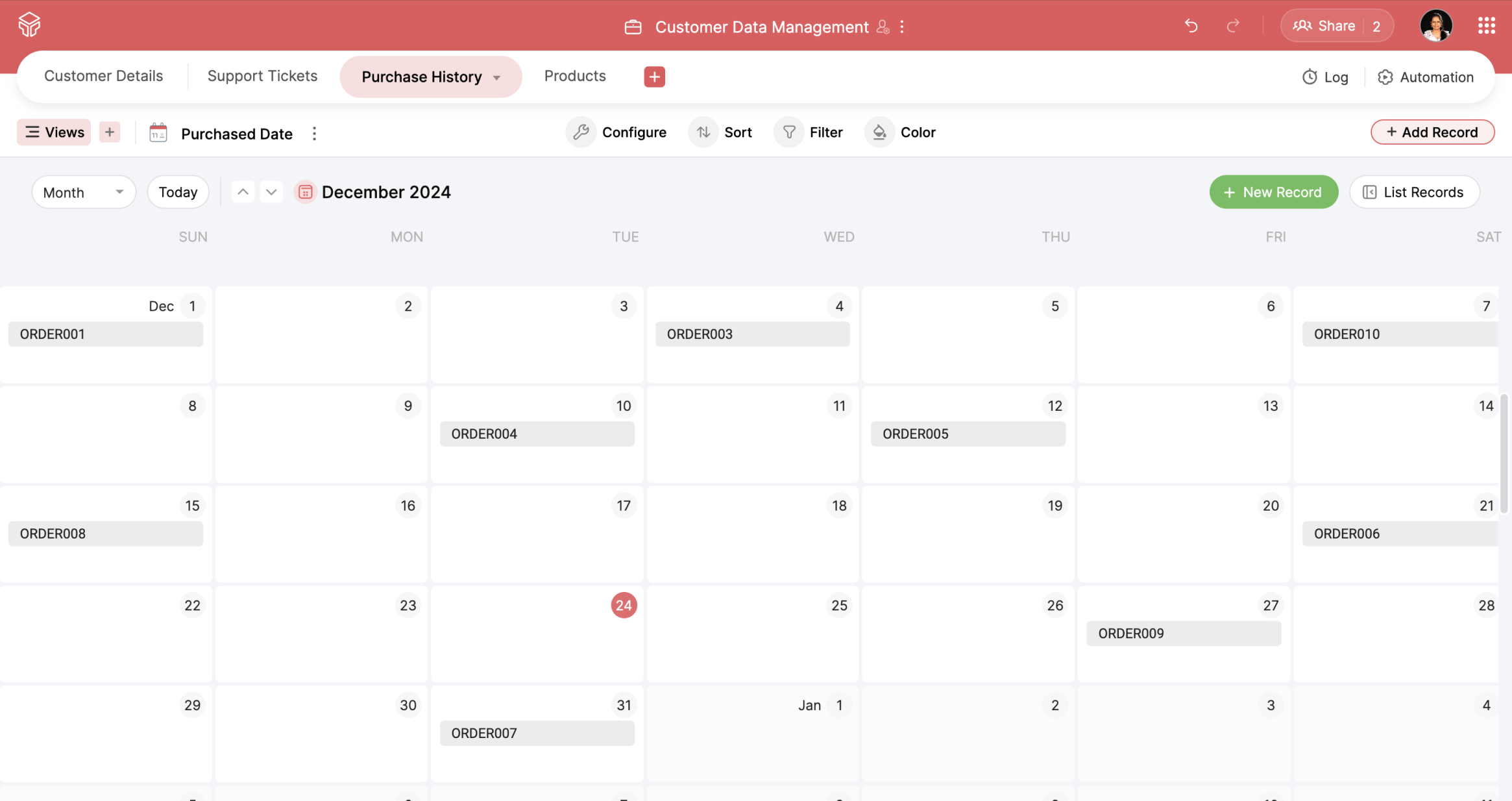 Calendar view in Zoho Tables