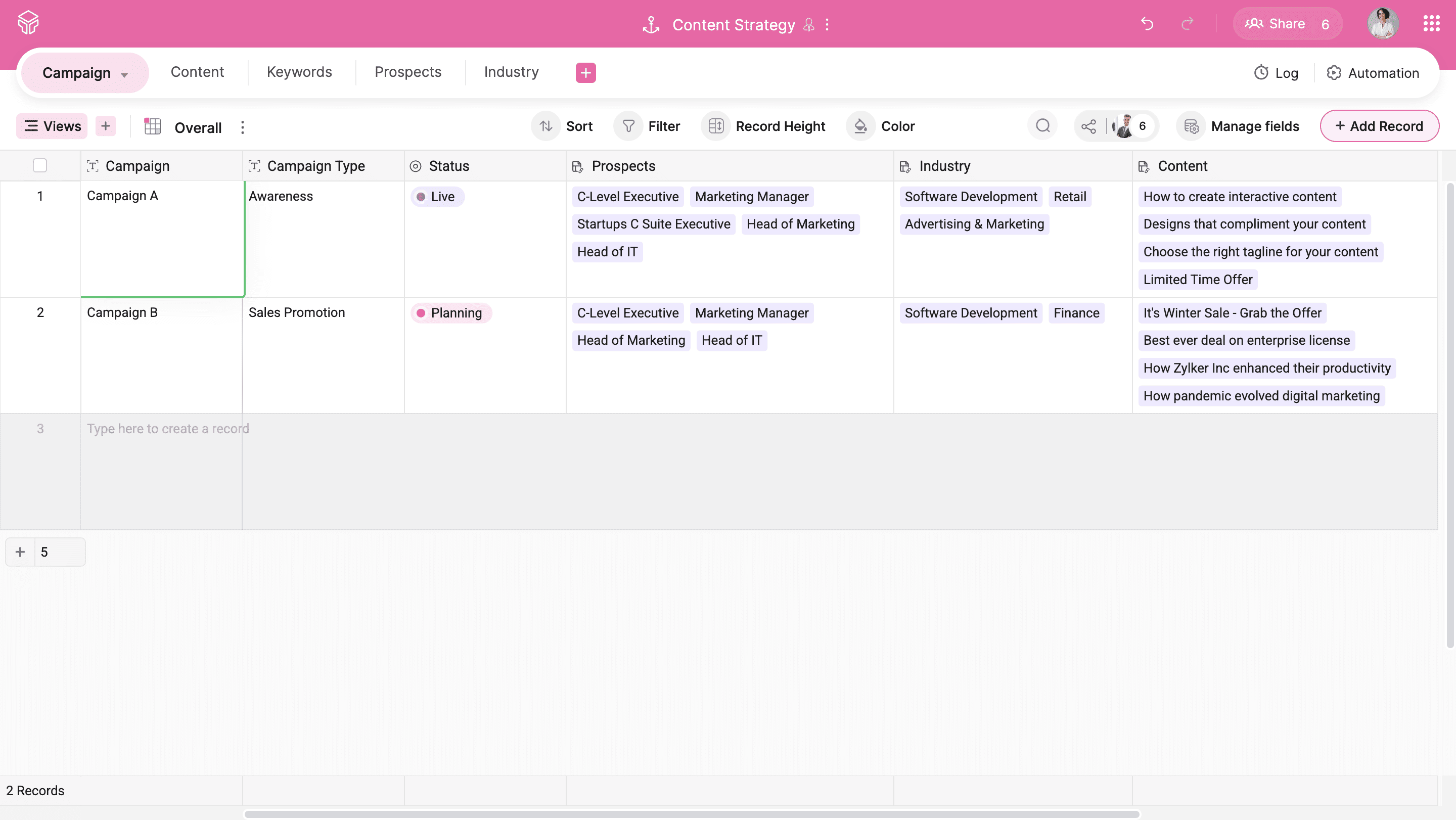 Zoho Tables content marketing lookup