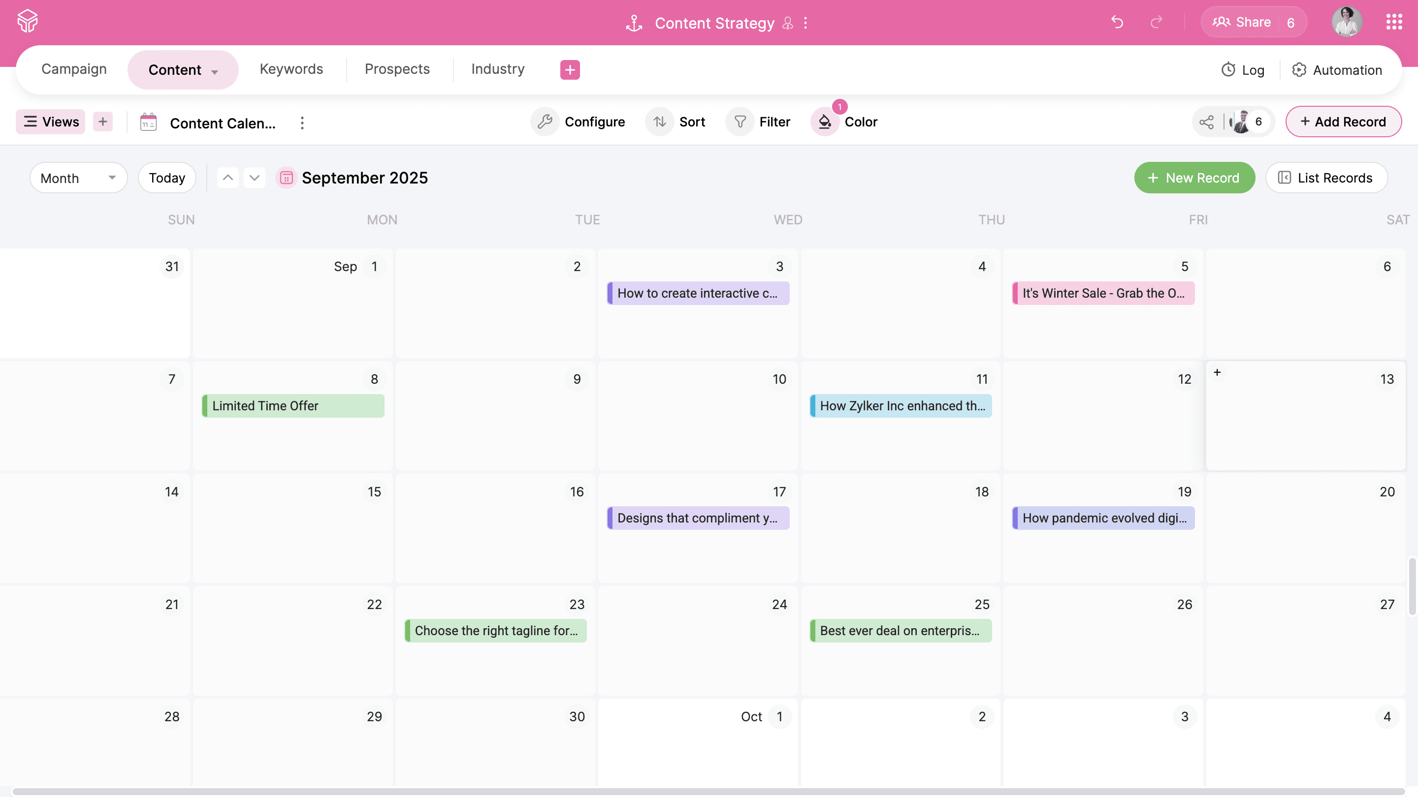Zoho Tables content marketing calendar view