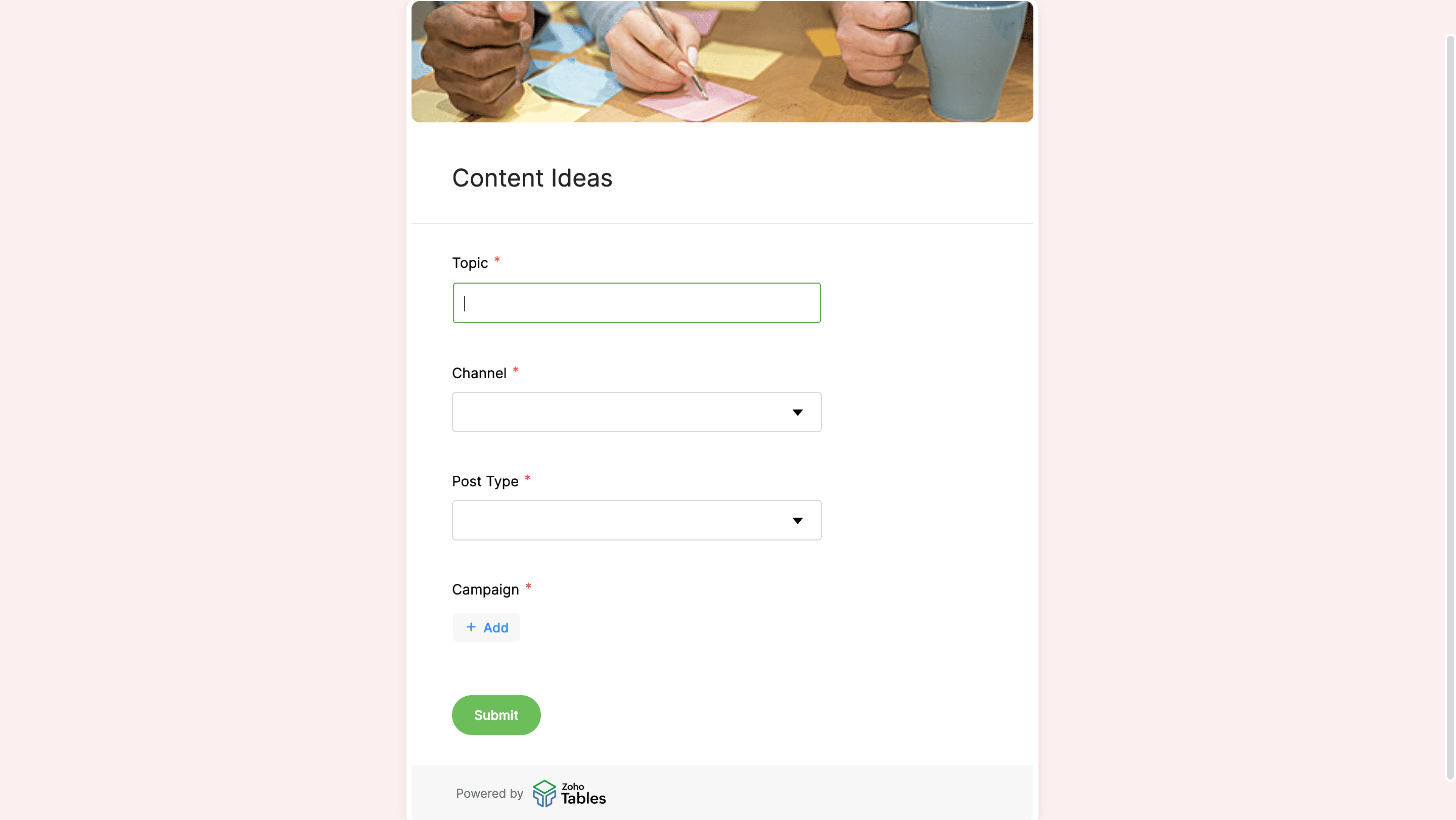Zoho Tables content marketing form view