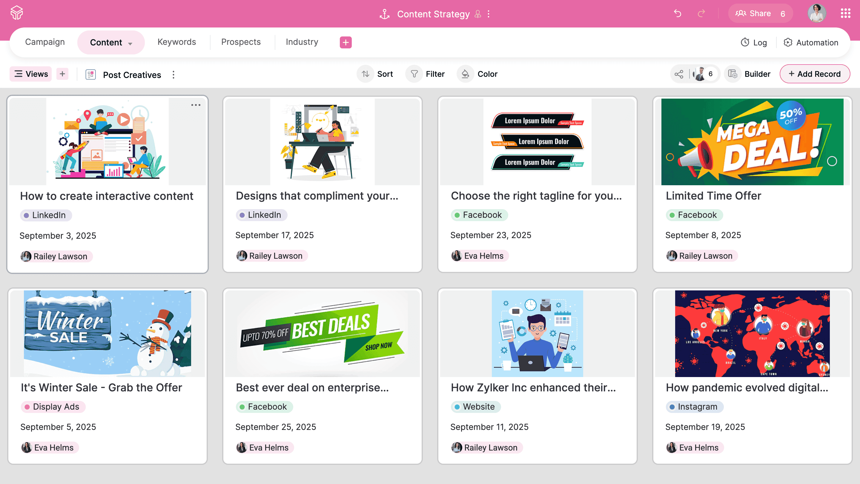 Zoho Tables content marketing gallery view