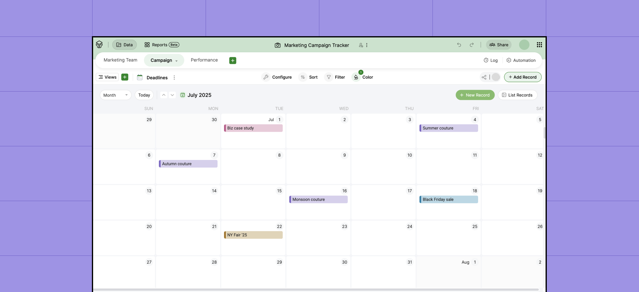 Calendar view in Zoho Tables marketing tracker base