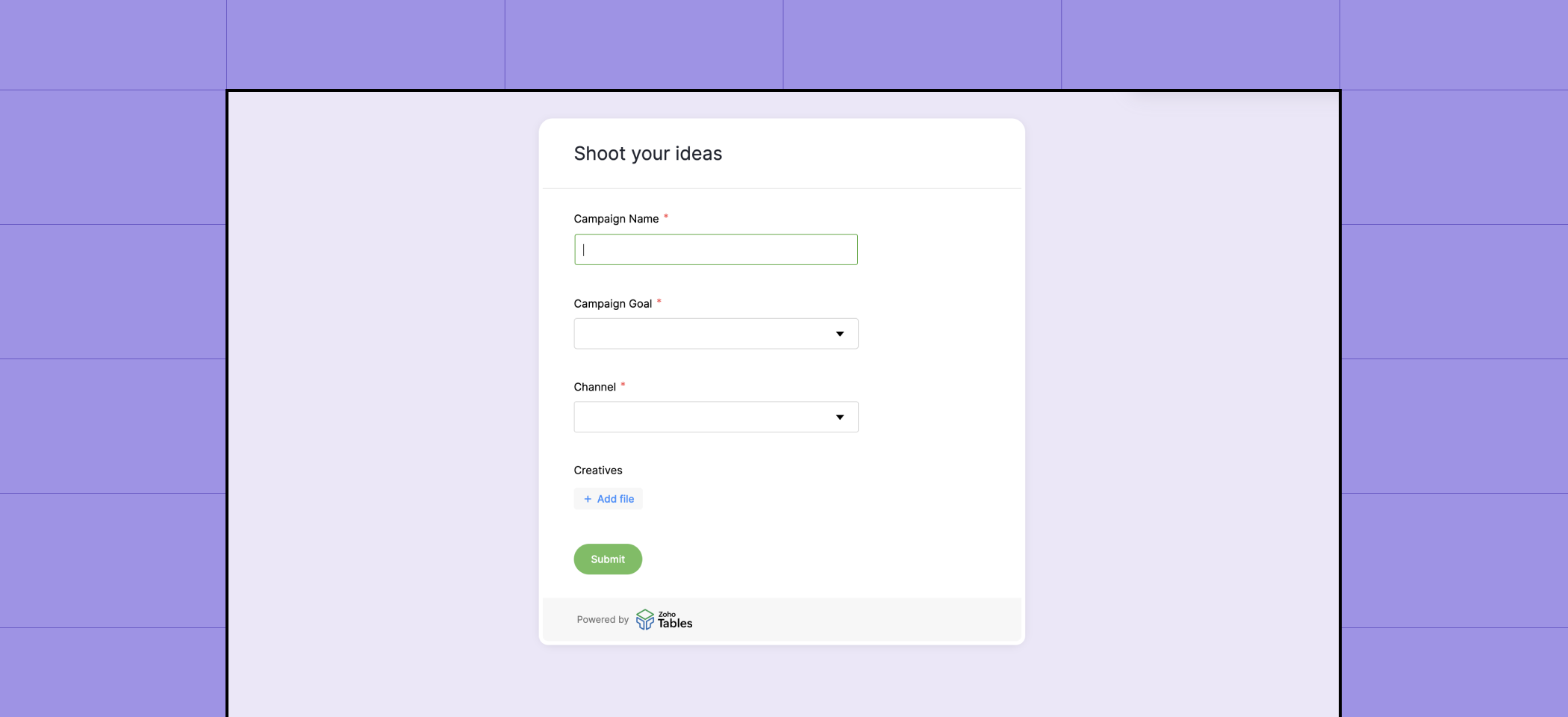 Form view in Zoho Tables marketing tracker base