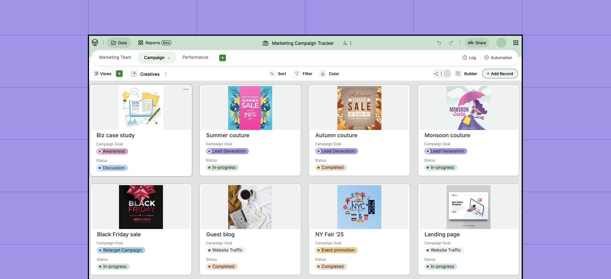 Gallery view in Zoho Tables marketing ops