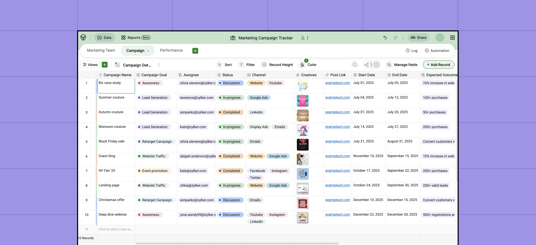 Link view in Zoho Tables marketing ops base