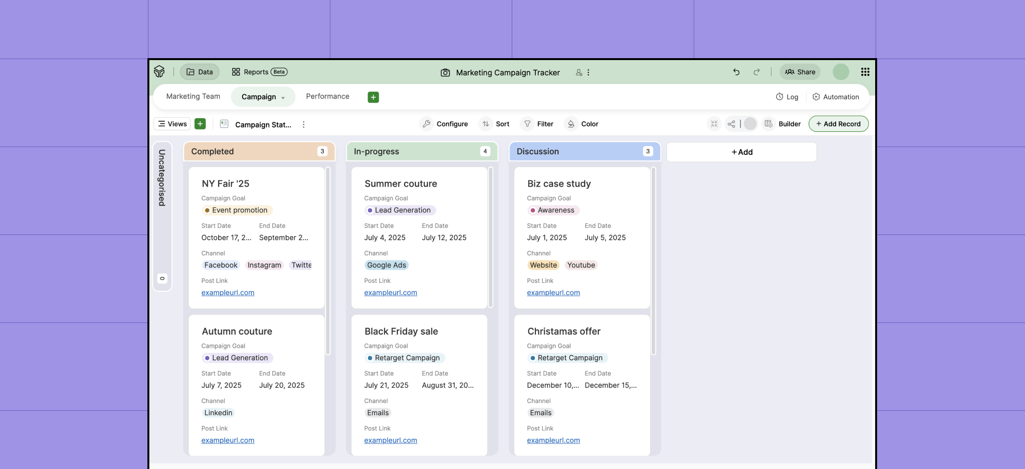 Marketing ops kanban view in Zoho Tables