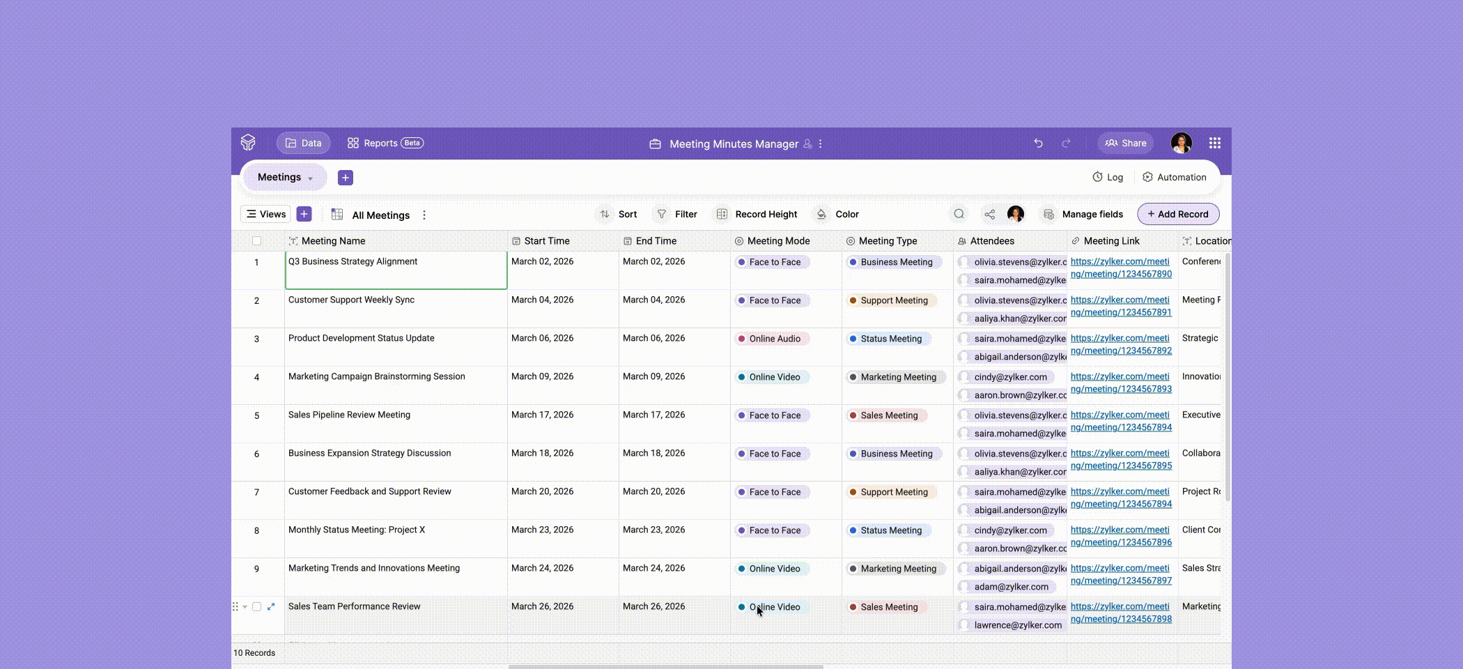 Zoho Tables meeting minutes template