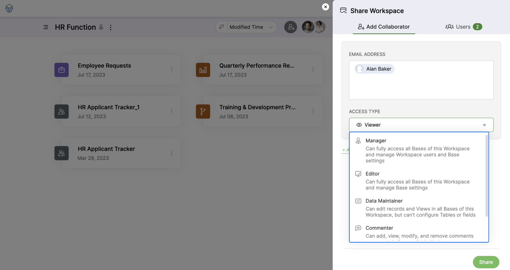 Role based sharing in Zoho Tables Role based sharing in Zoho Tables