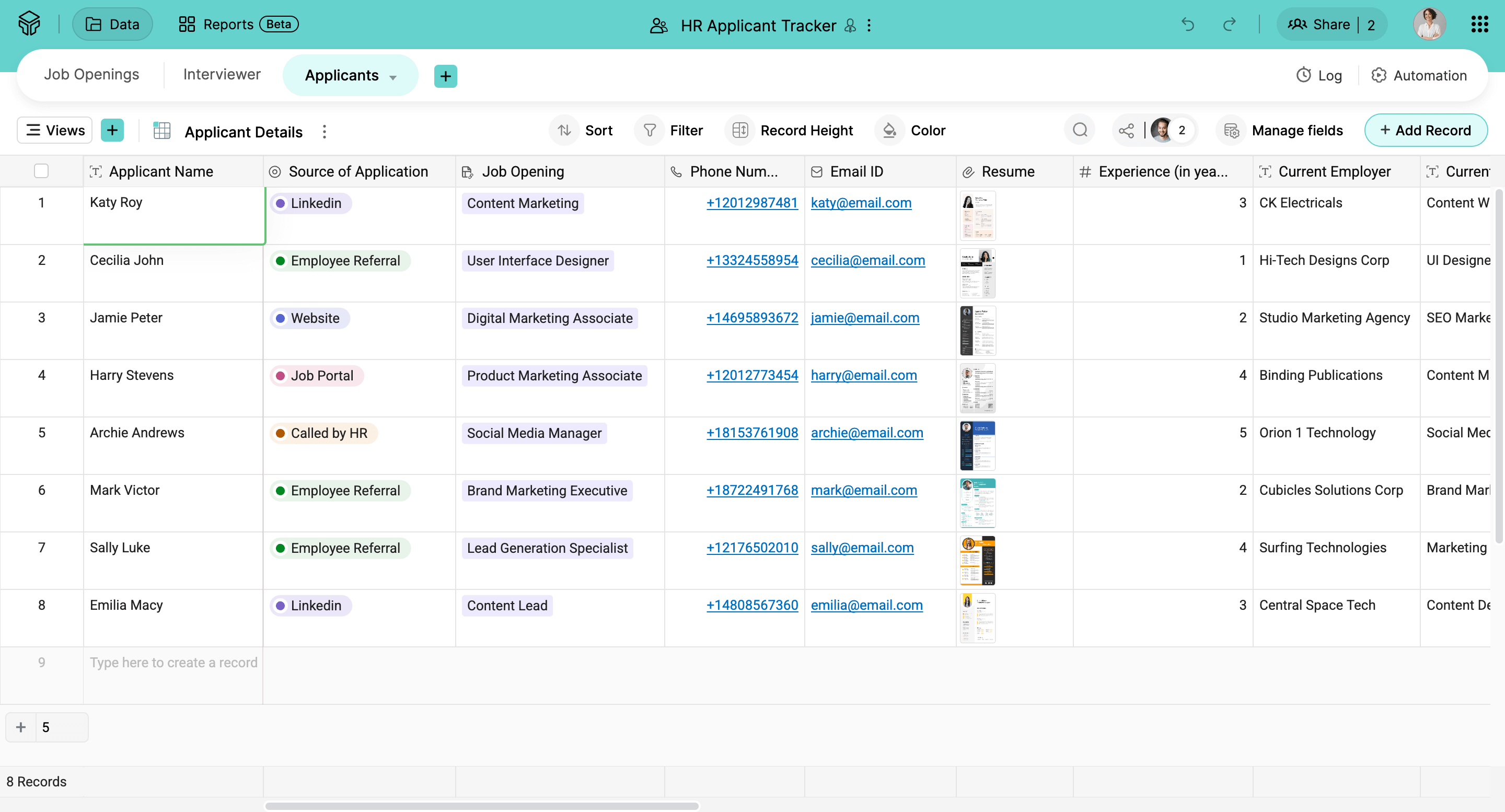 data organisation in Zoho Tables