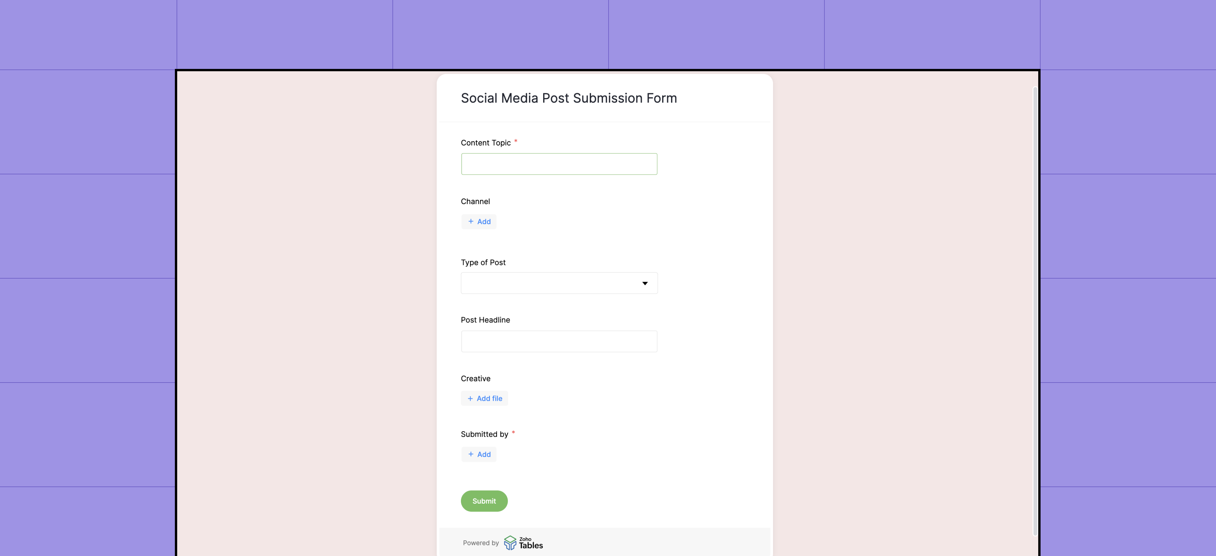 Zoho Tables social media calendar form view