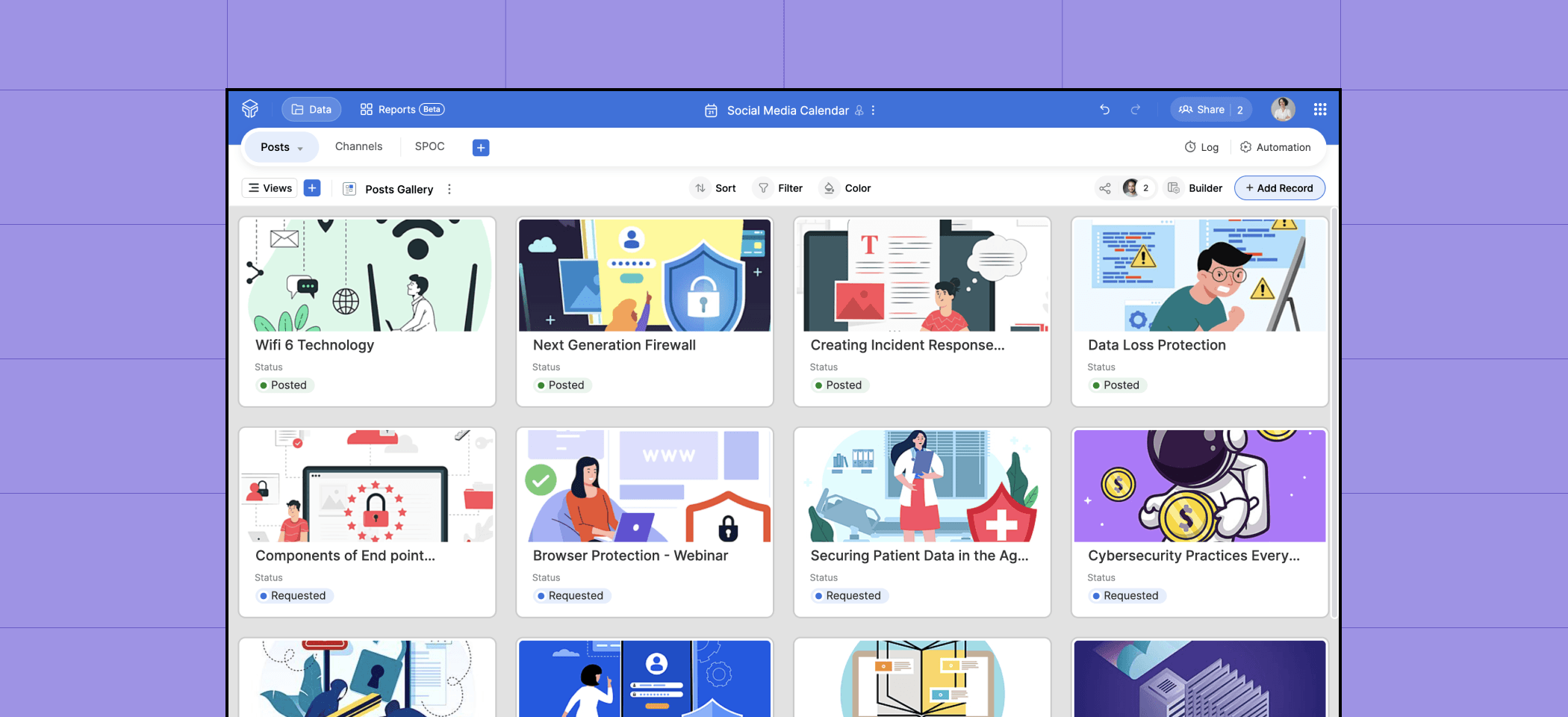 Zoho Tables social media calendar gallery view