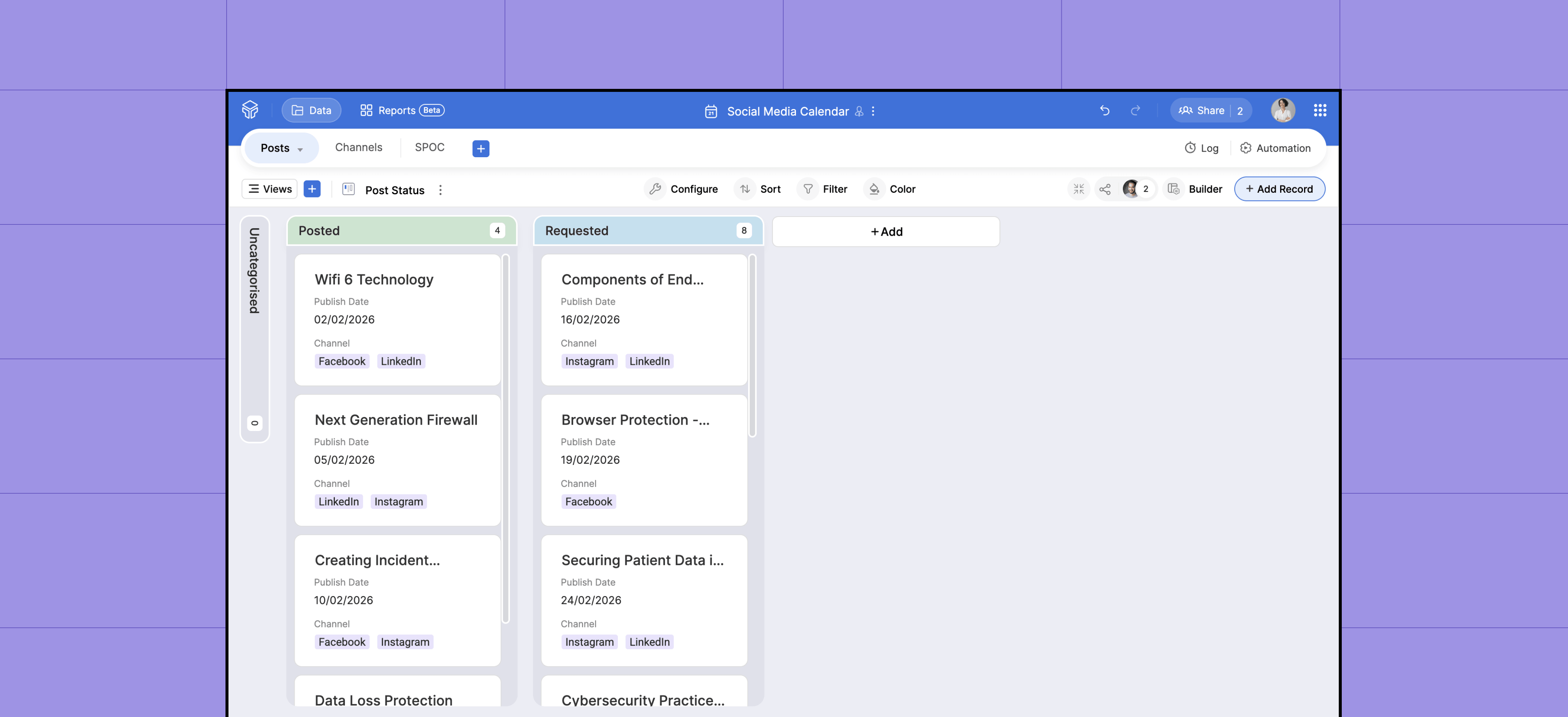 Zoho Tables social media calendar kanban view
