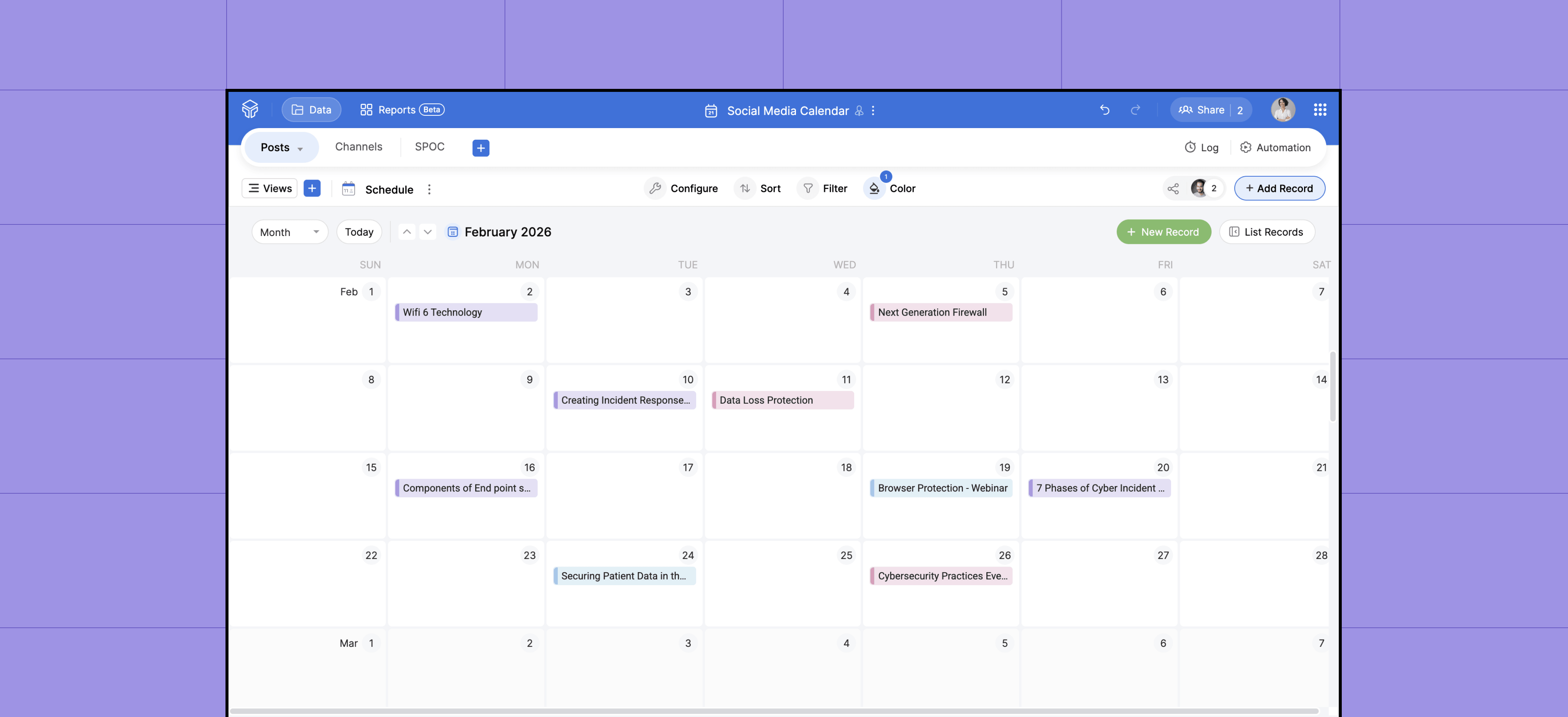 Zoho Tables social media calendar