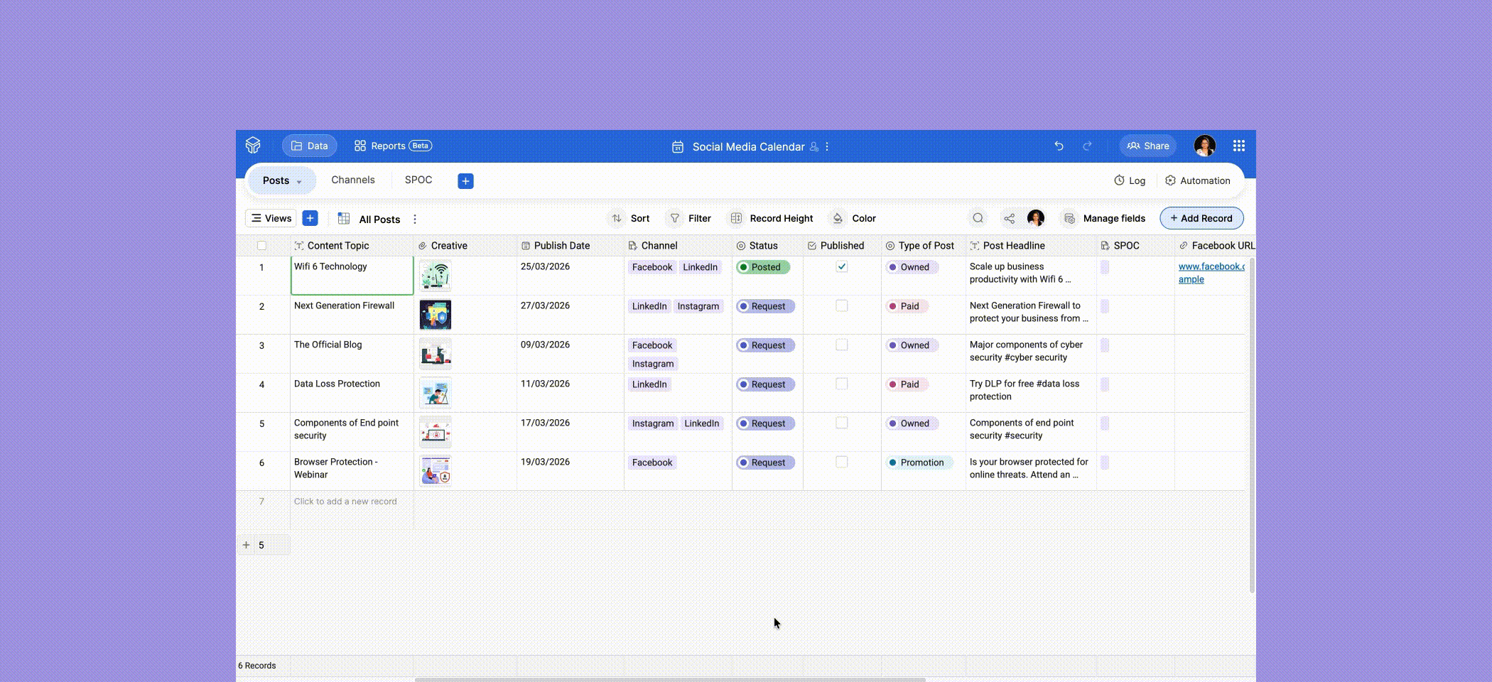 Zoho Tables social media calendar template