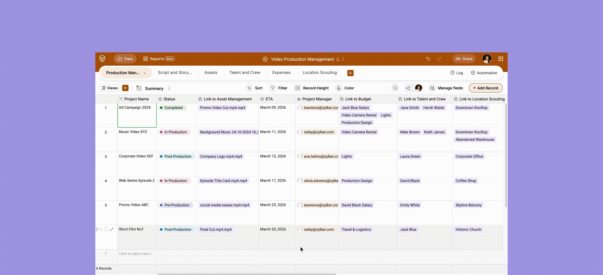 Zoho Tables video production template