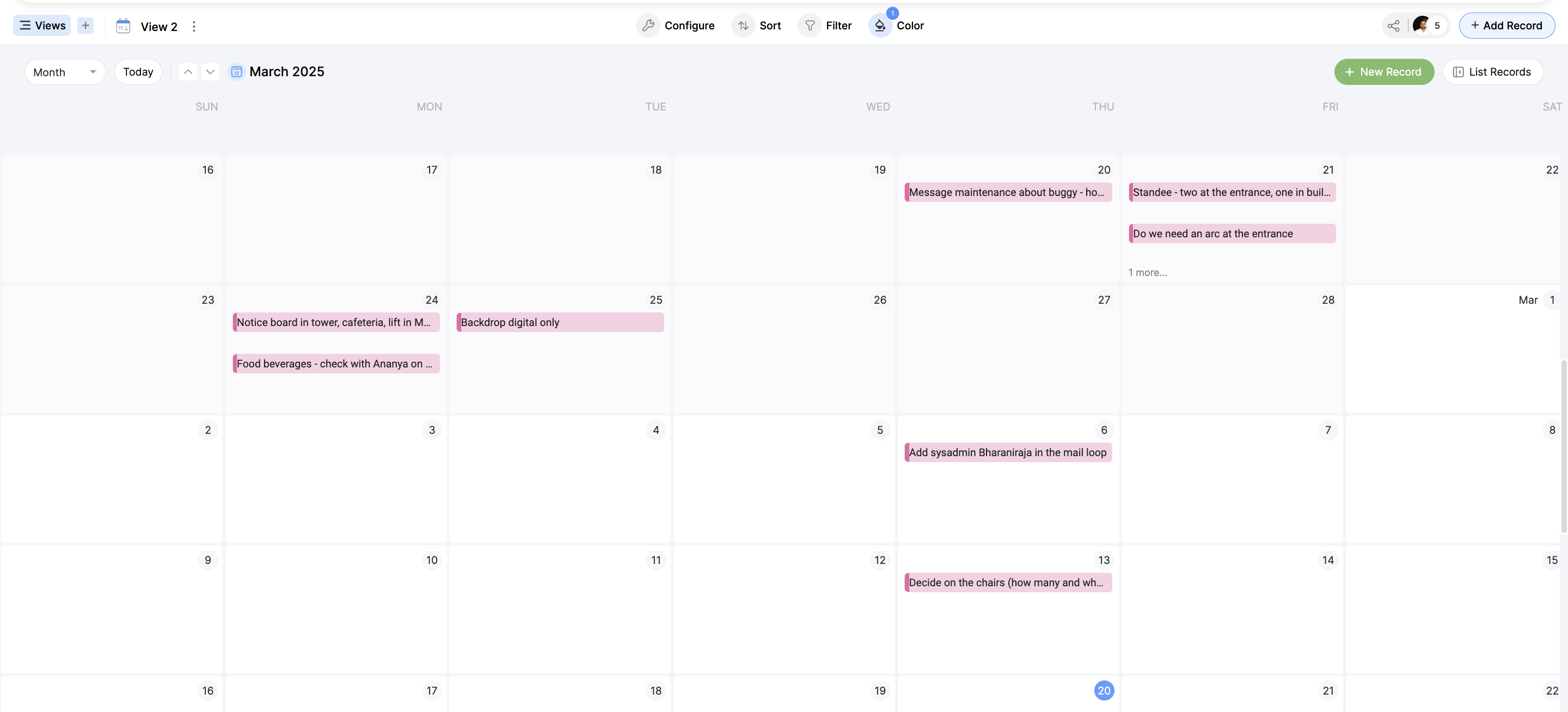 WCC calendar view