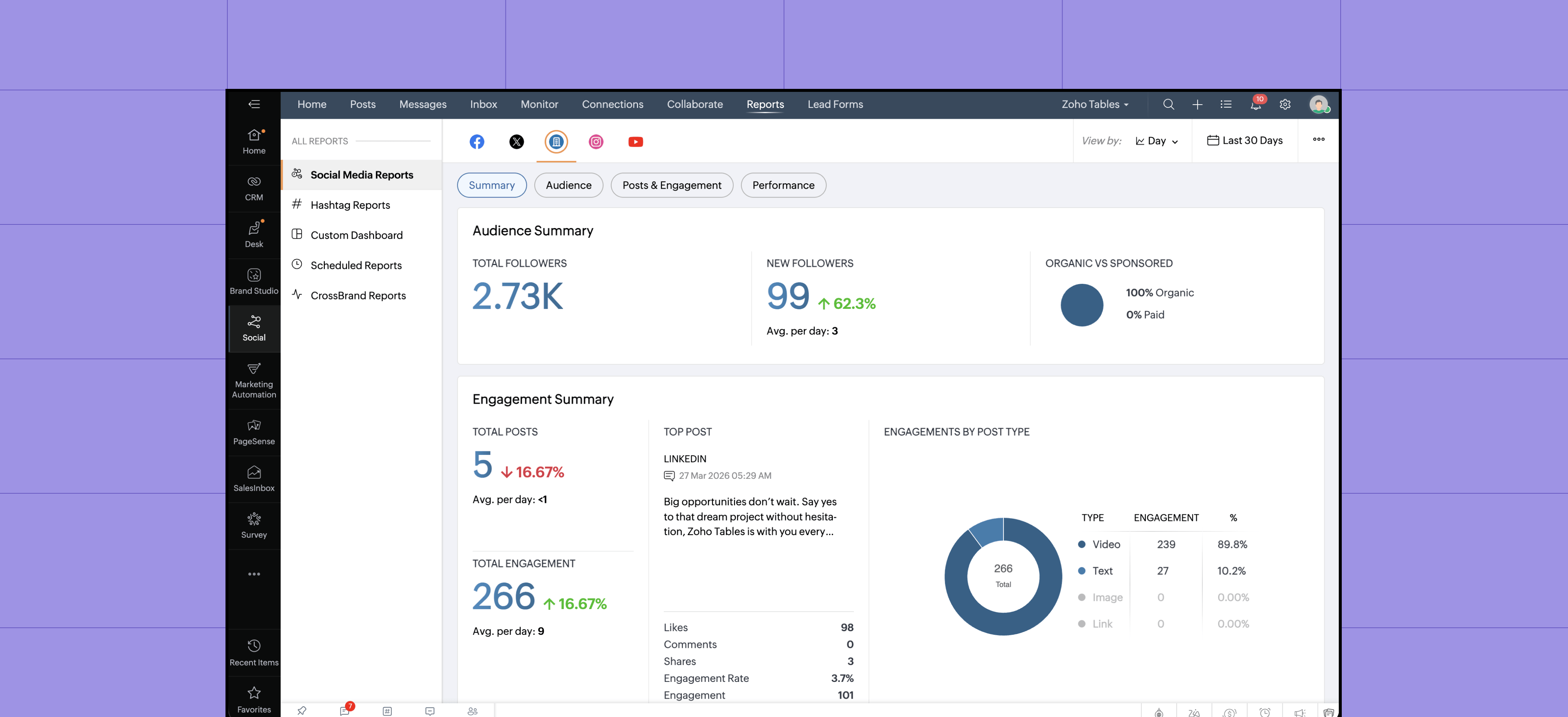 Zoho Social campaign metrics dashboard