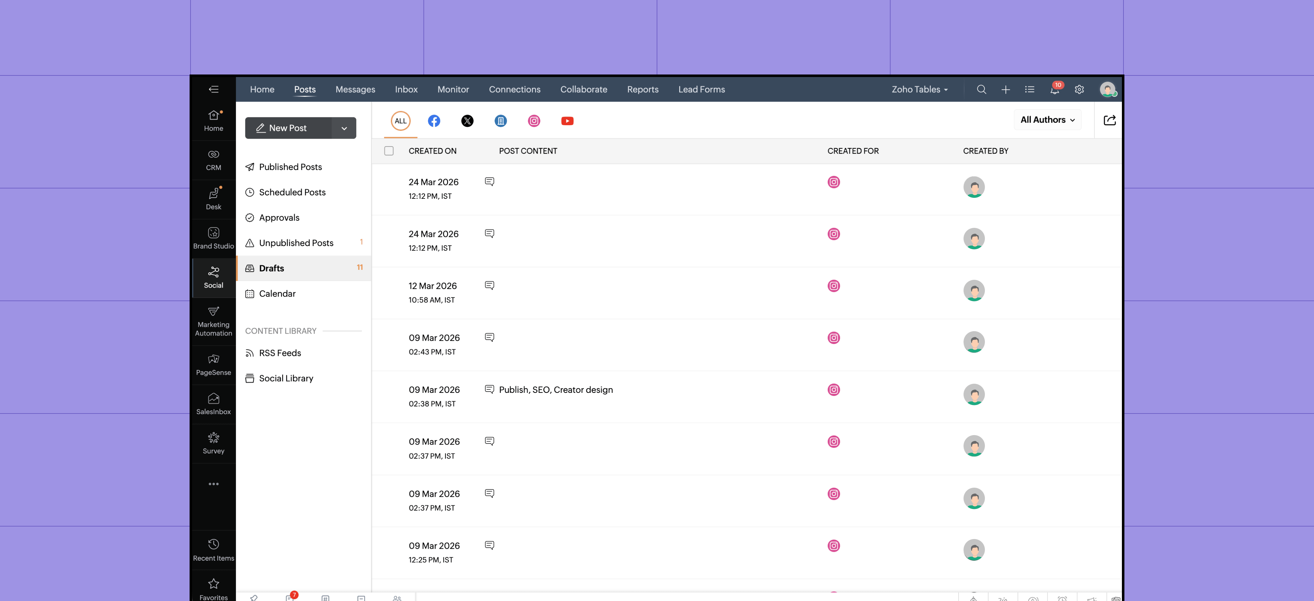 Zoho Tables and Zoho Social integration for publishing posts