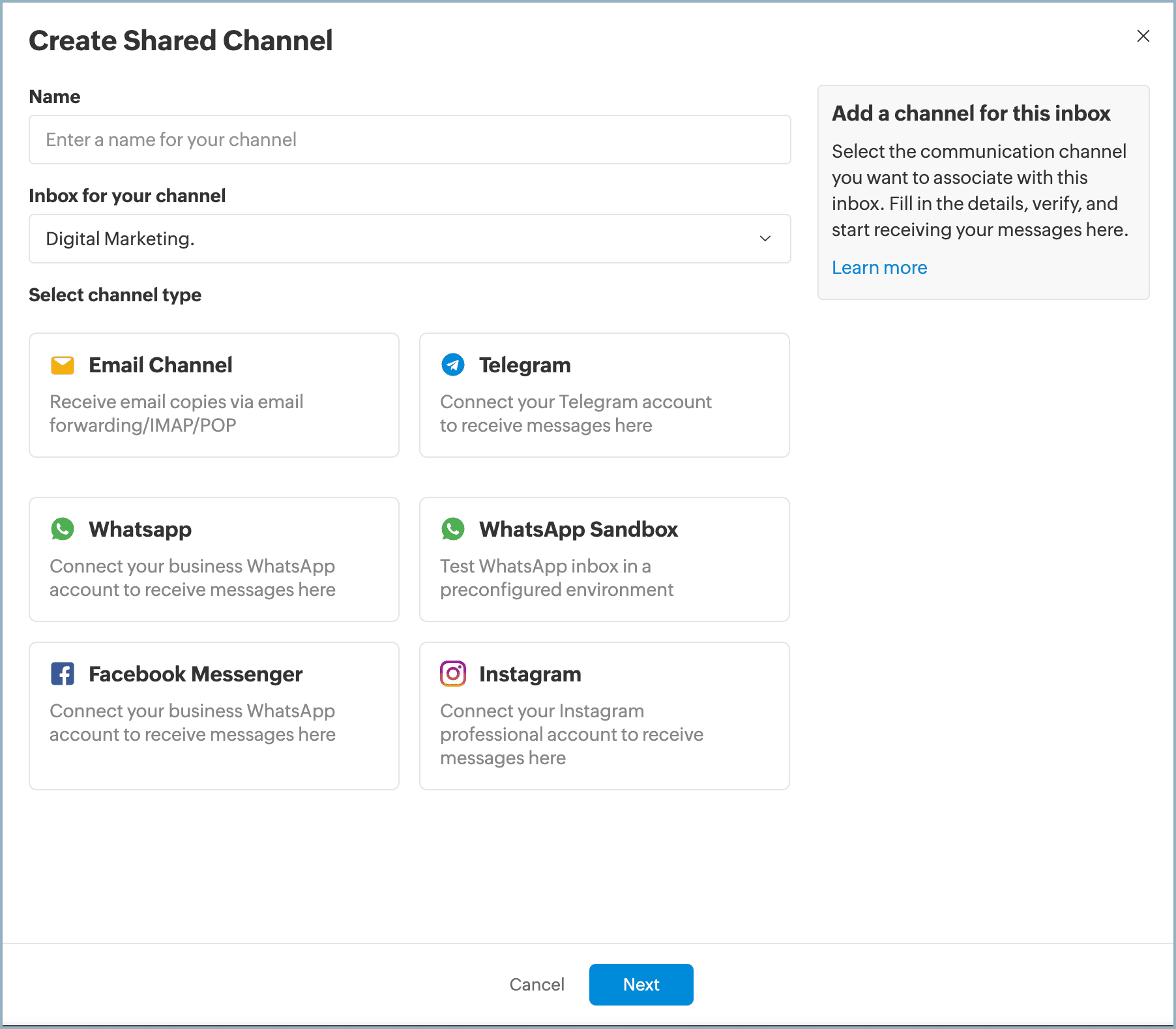 connect channel to shared inbox in Zoho TeamInbox
