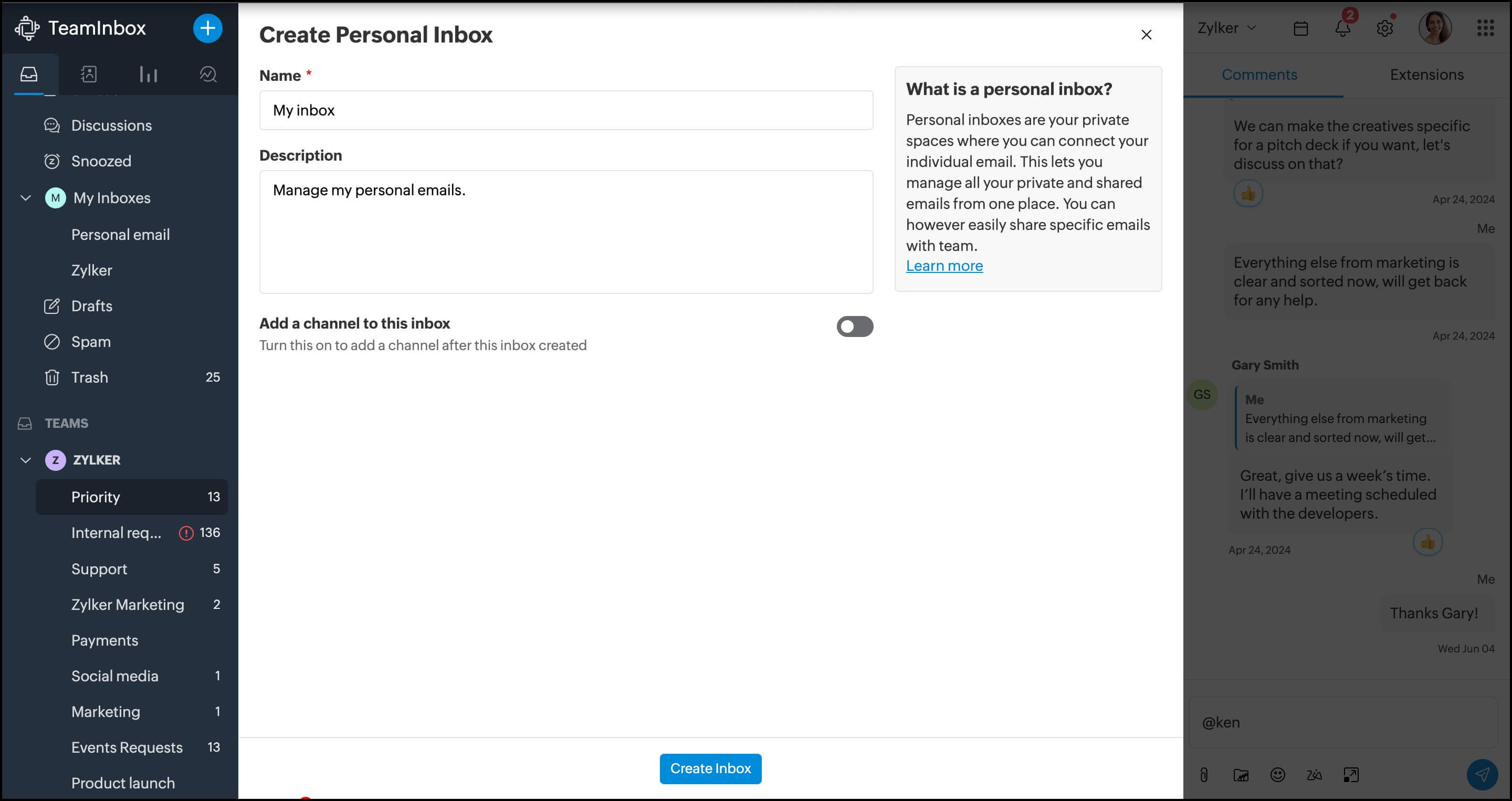 Create personal inbox 