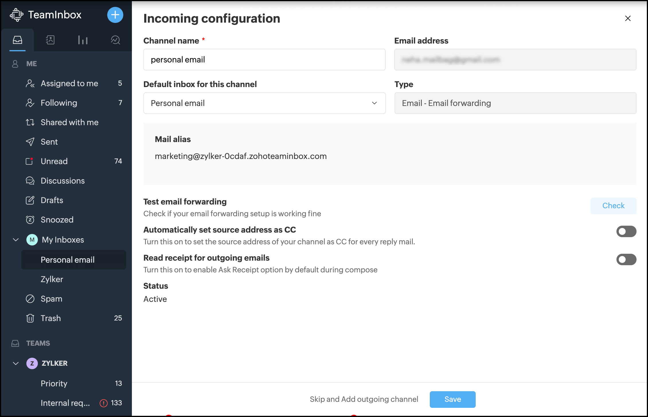 Incoming channel configuration 