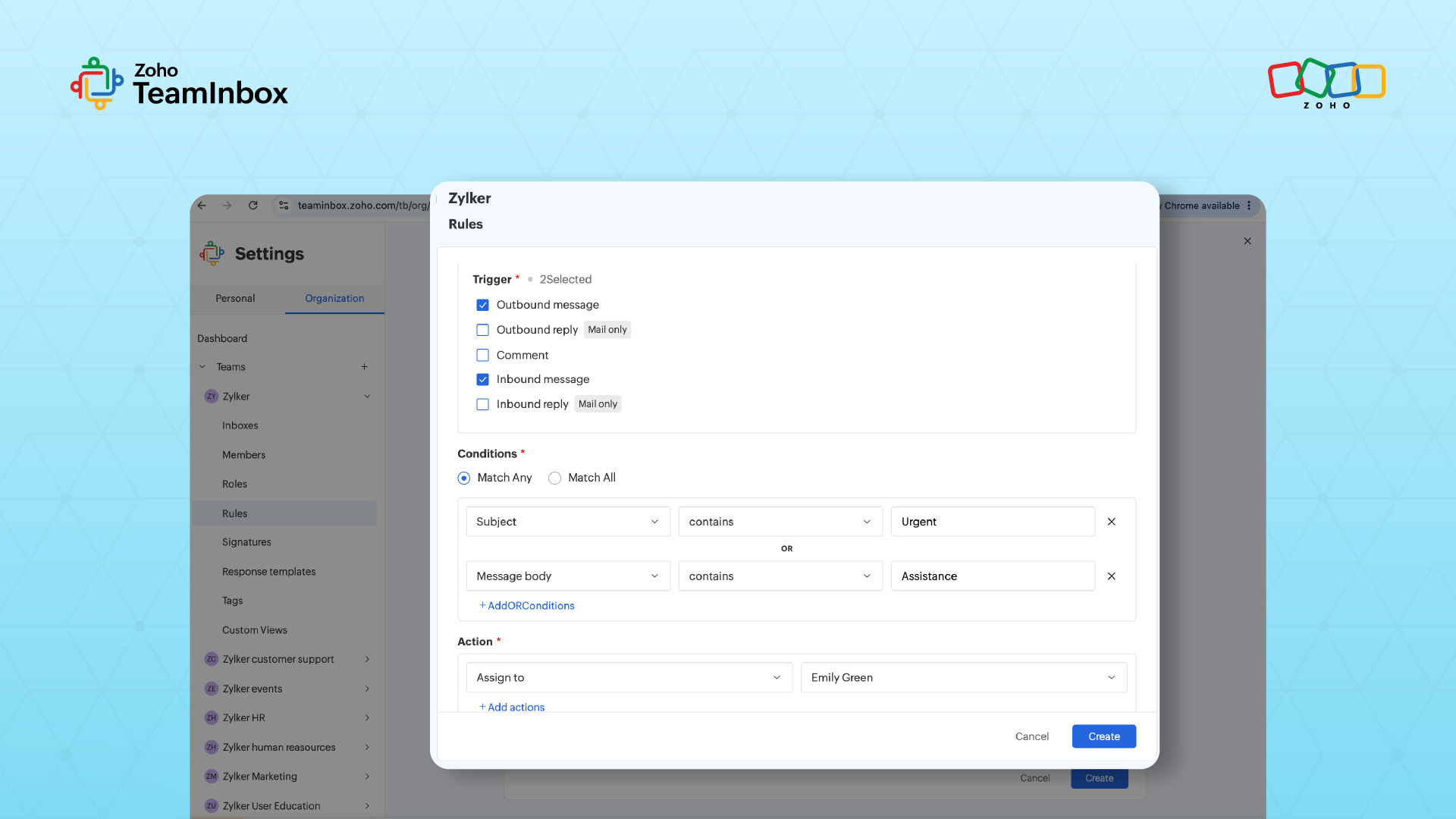Zoho TeamInbox Rules configuration page showing trigger selection, condition builder with subject and message body filters Zoho TeamInbox Rules configuration page showing trigger selection, condition builder with subject and message body filters