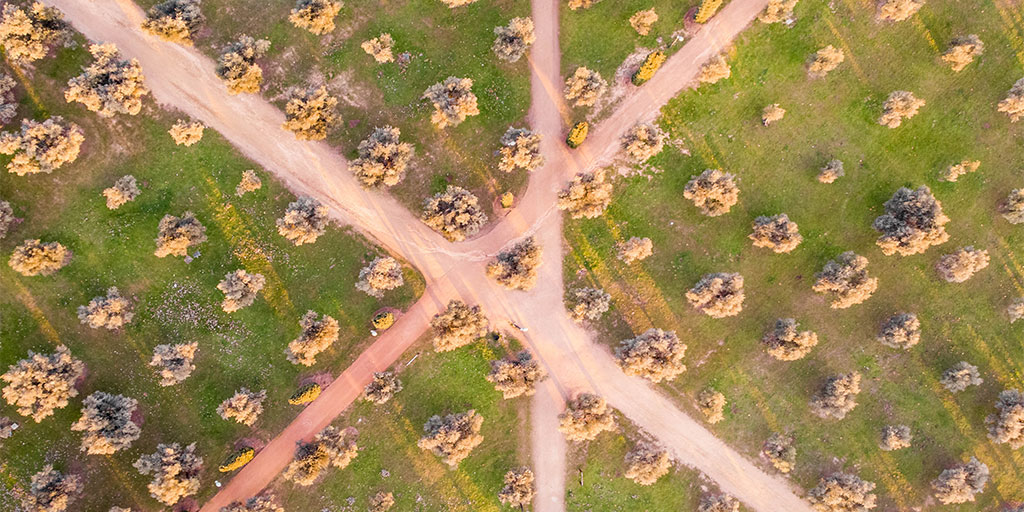 Ariel view of intersecting roads in a valley