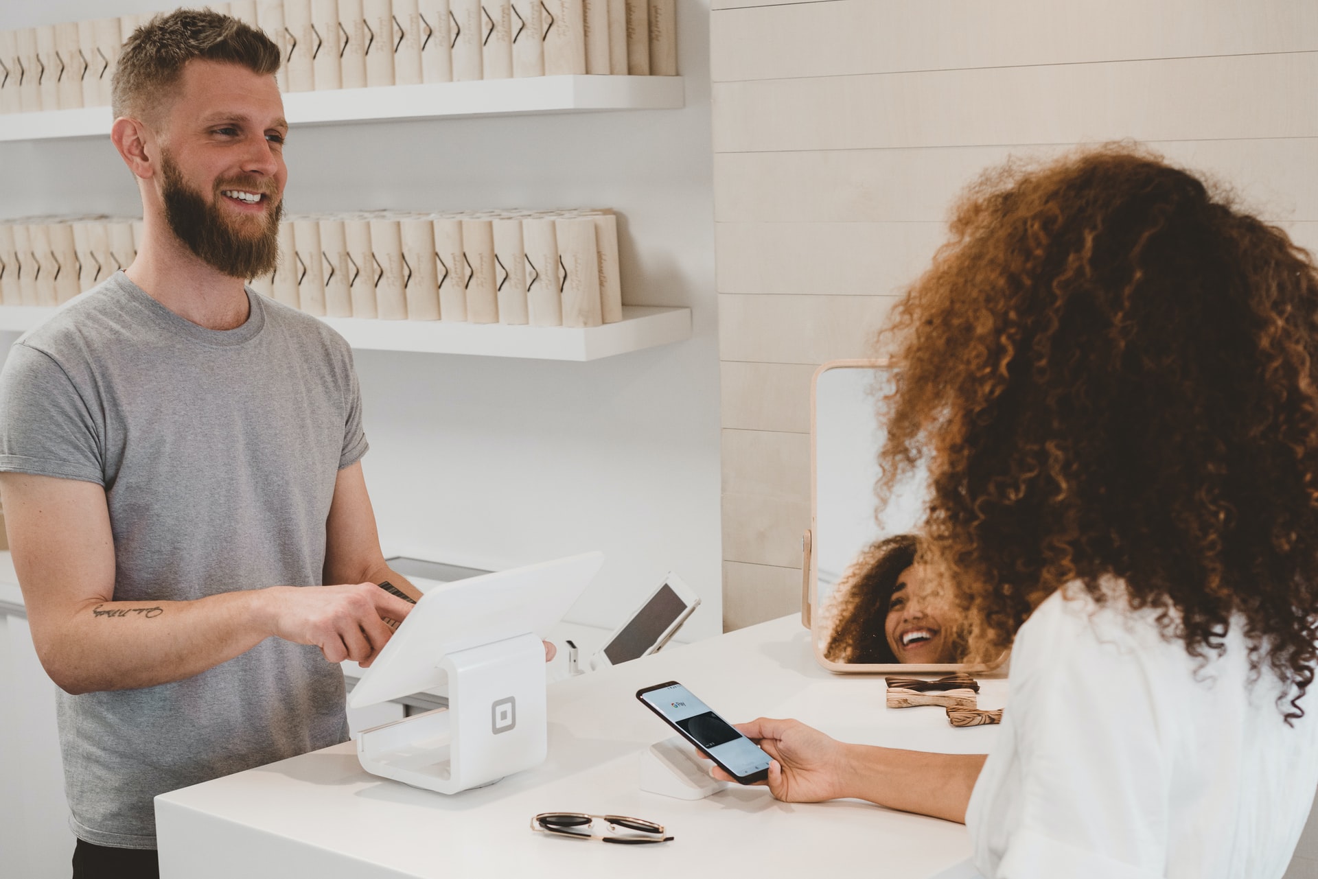 A salesman is having a good conversation with a customer