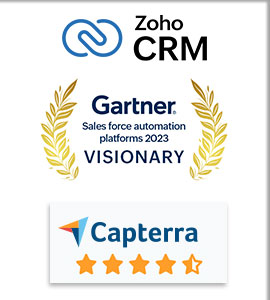 image showing accolades for Zoho CRM, including a 4.3 out of 5 stars on Capterra and Gartner's Visionary credit.