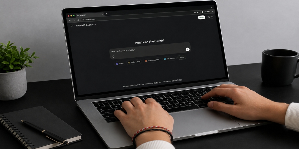 Laptop displaying an AI assistant for small business owners to improve marketing, productivity and business planning.