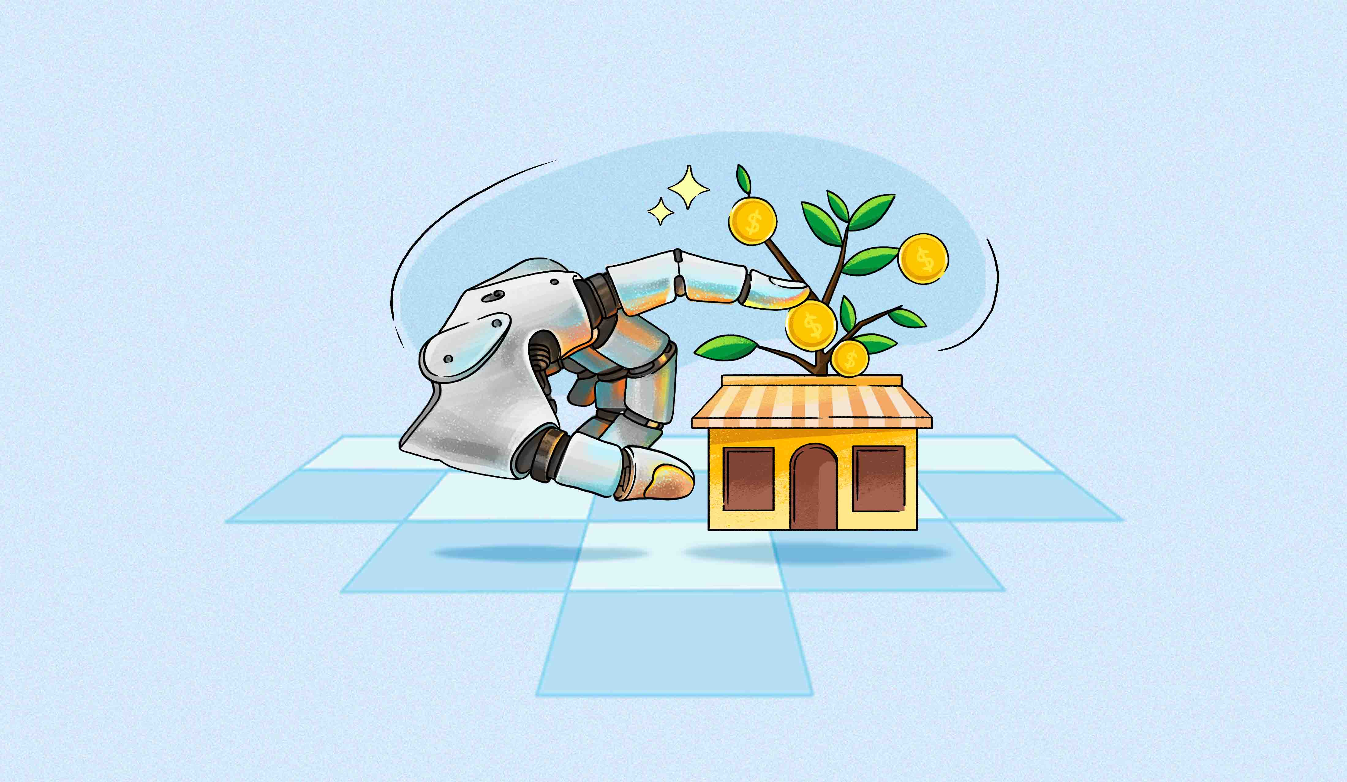 Illustration of a robotic hand touching a small business store with money growing on trees, indicating prosperity.