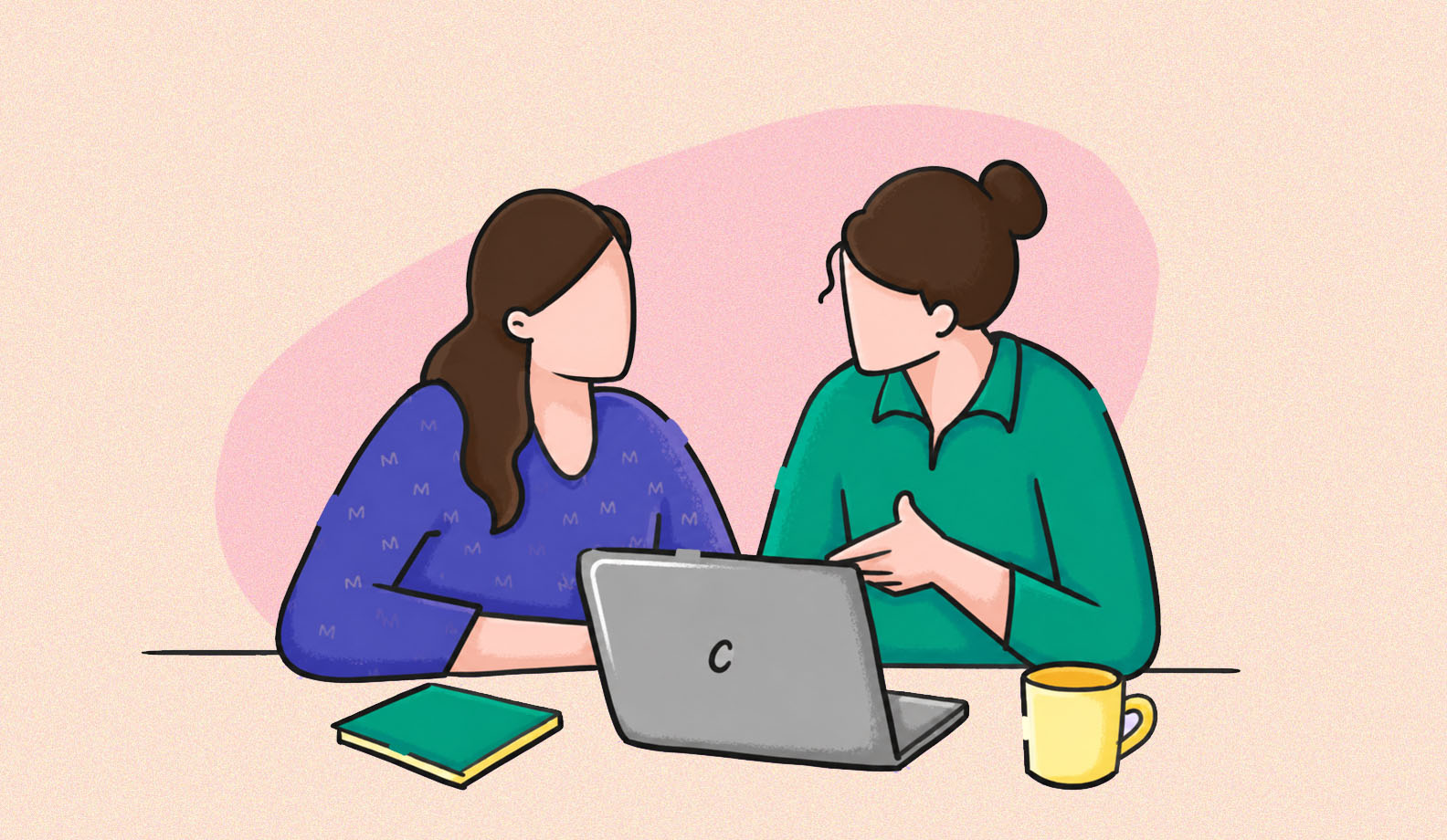 Illustration of two colleagues talking in front of a laptop.