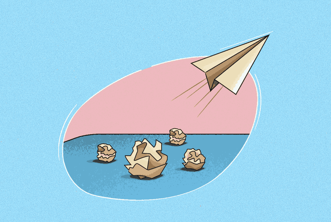 Illustration of a paper rocket taking off amidst crumpled balls of paper.