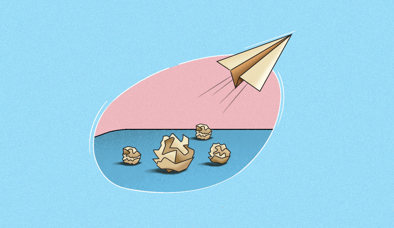 Illustration of a paper rocket taking off amidst crumpled balls of paper.