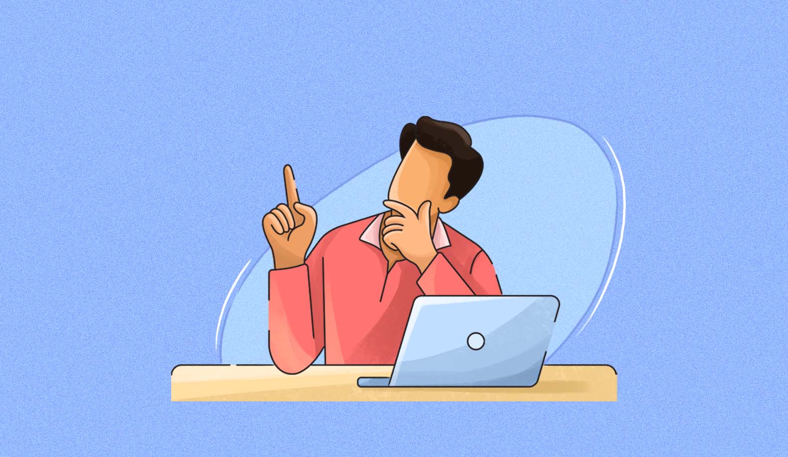Illustration of an employee thinking in front of his laptop.