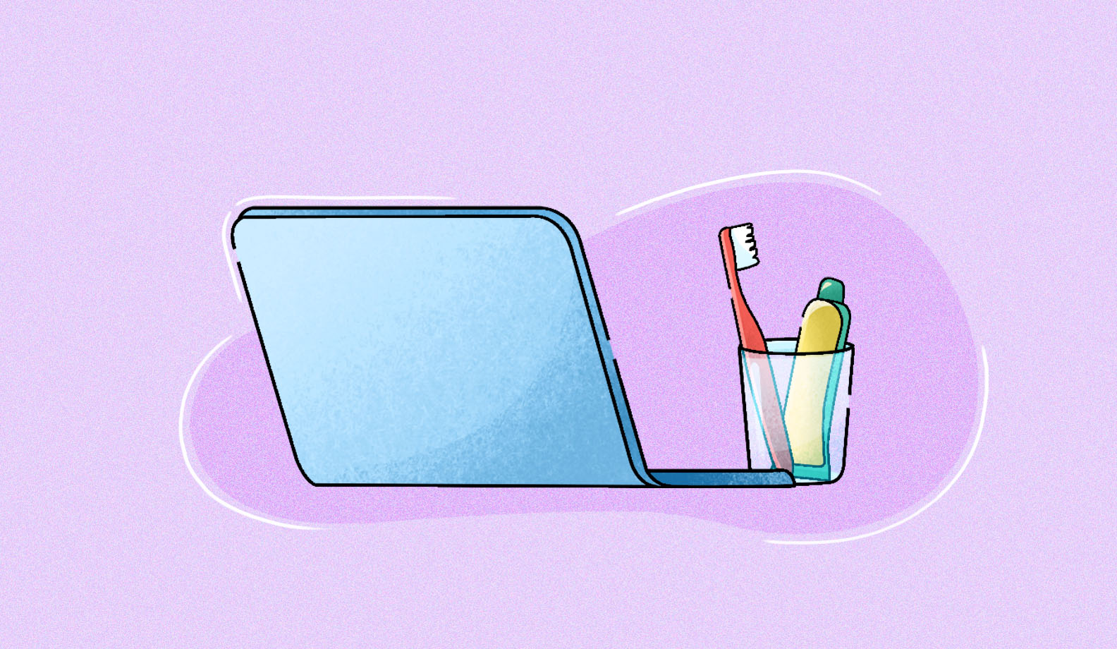 Illustration of a laptop next to a toothbrush and toothpaste.